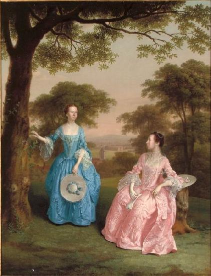 Arthur Devis Double Portrait of Alicia and Jane Clarke in a Wooden Landscape